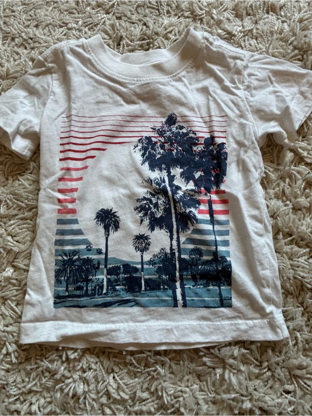 Kids White Palm Tree Graphic Tee with Navy & Red Accents